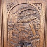 Ancien panneau porte bois sculpté bas relief scène de chasse (chêne)