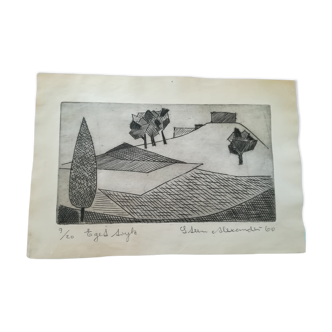 Engraving signed by Scandinavian cubist artist 1960