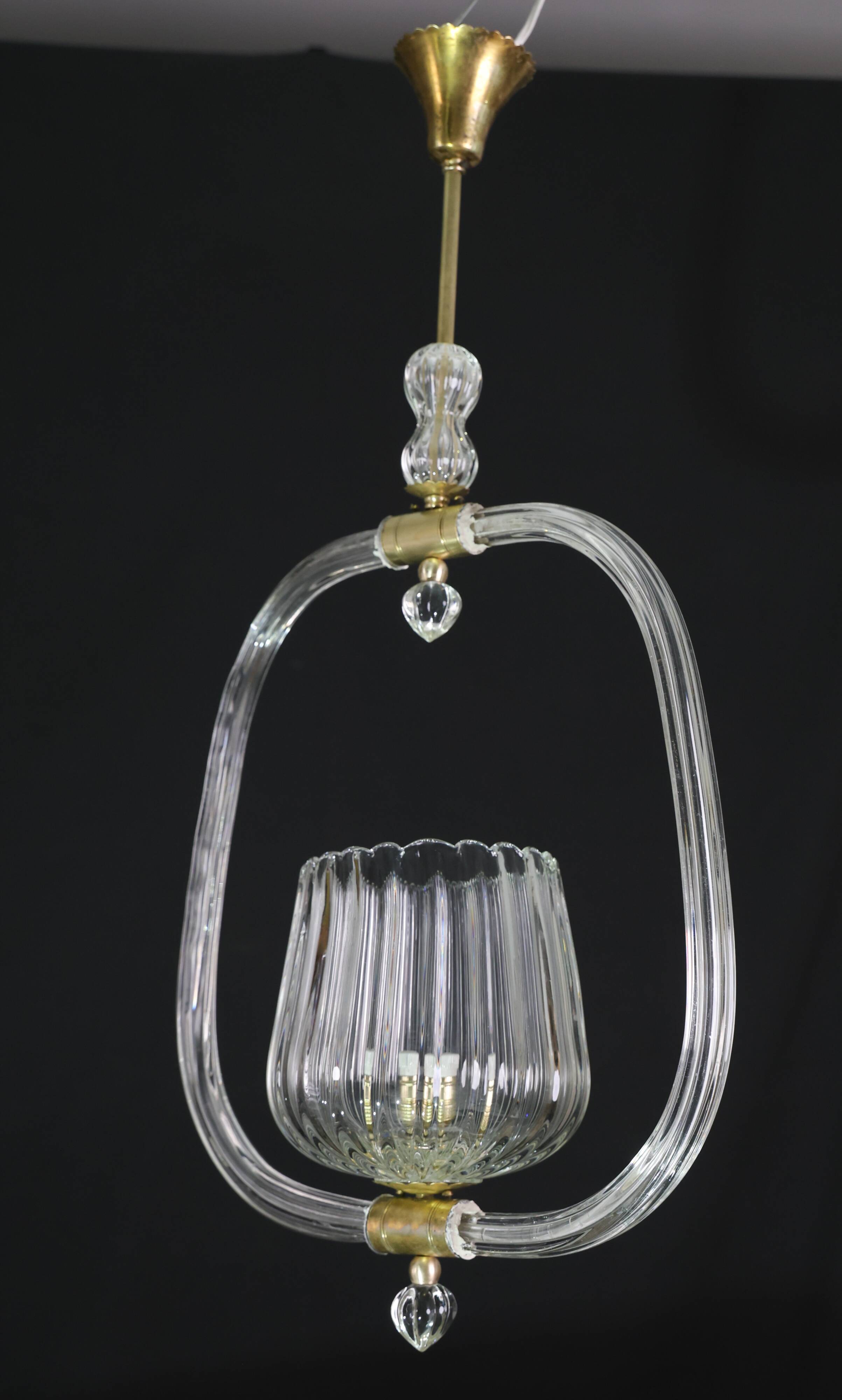 Charming Murano Glass Art Deco Pendant Chandelier by Ercole Barovier, 1940s