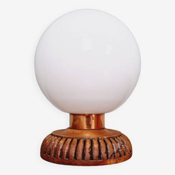 Lampe de table en bois et opaline blanche, années 60