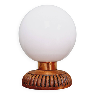 Lampe de table en bois et opaline blanche, années 60