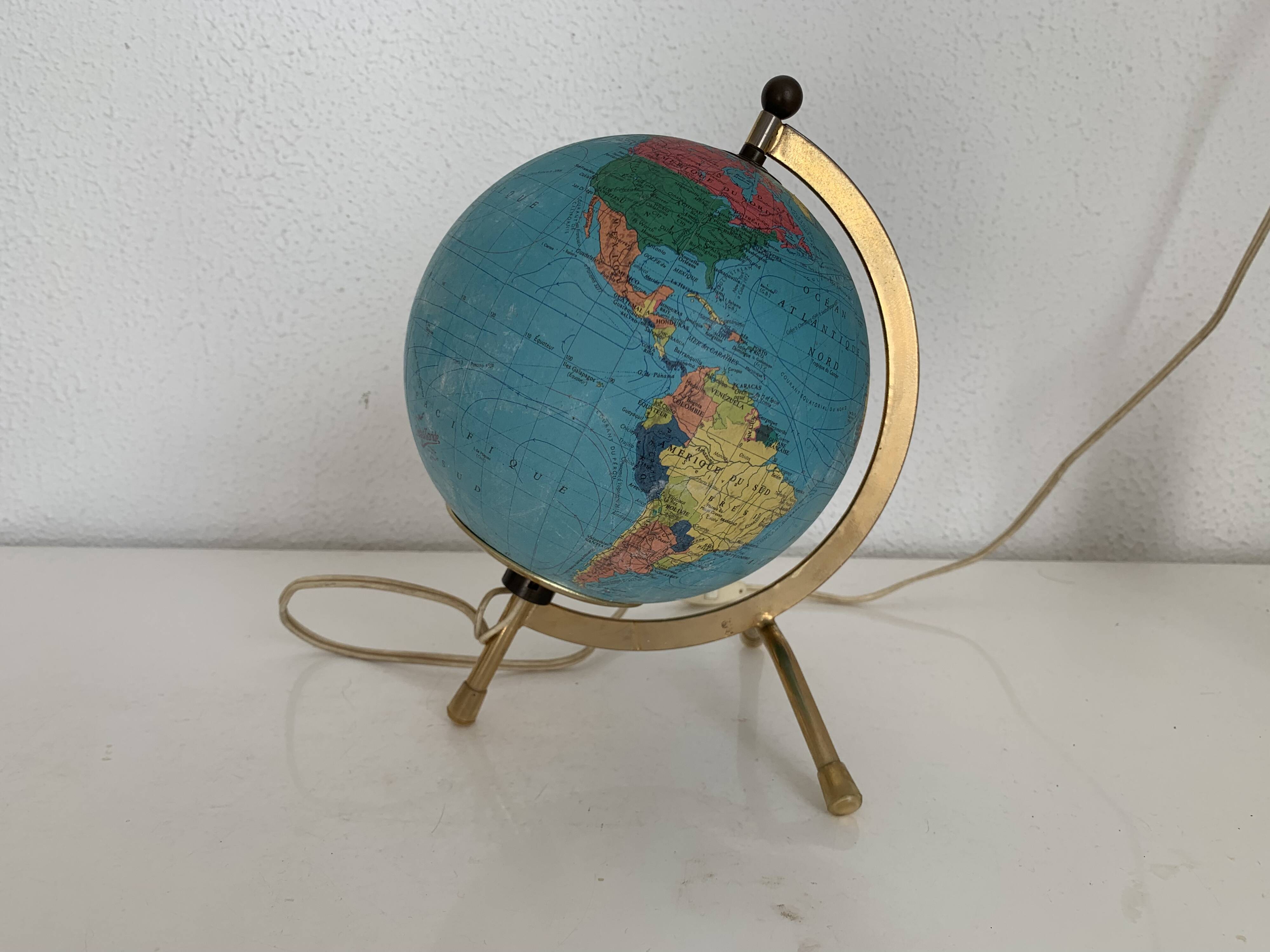 Vintage 1970s Taride tripod globe with gilded glass world map - 23 cm