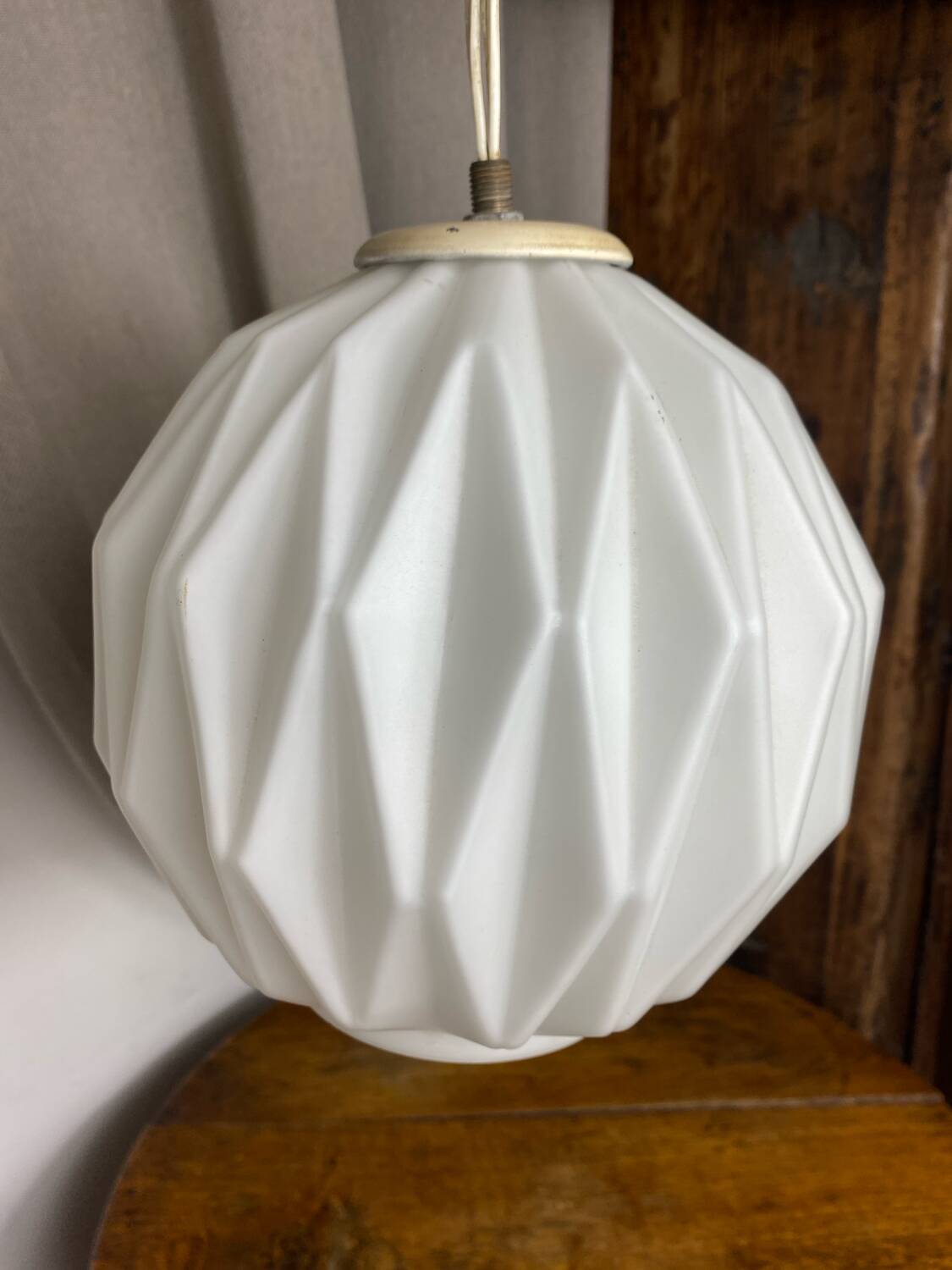 Designer pendant light with geometric opaline glass globe, mid-20th century