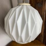 Designer pendant light with geometric opaline glass globe, mid-20th century