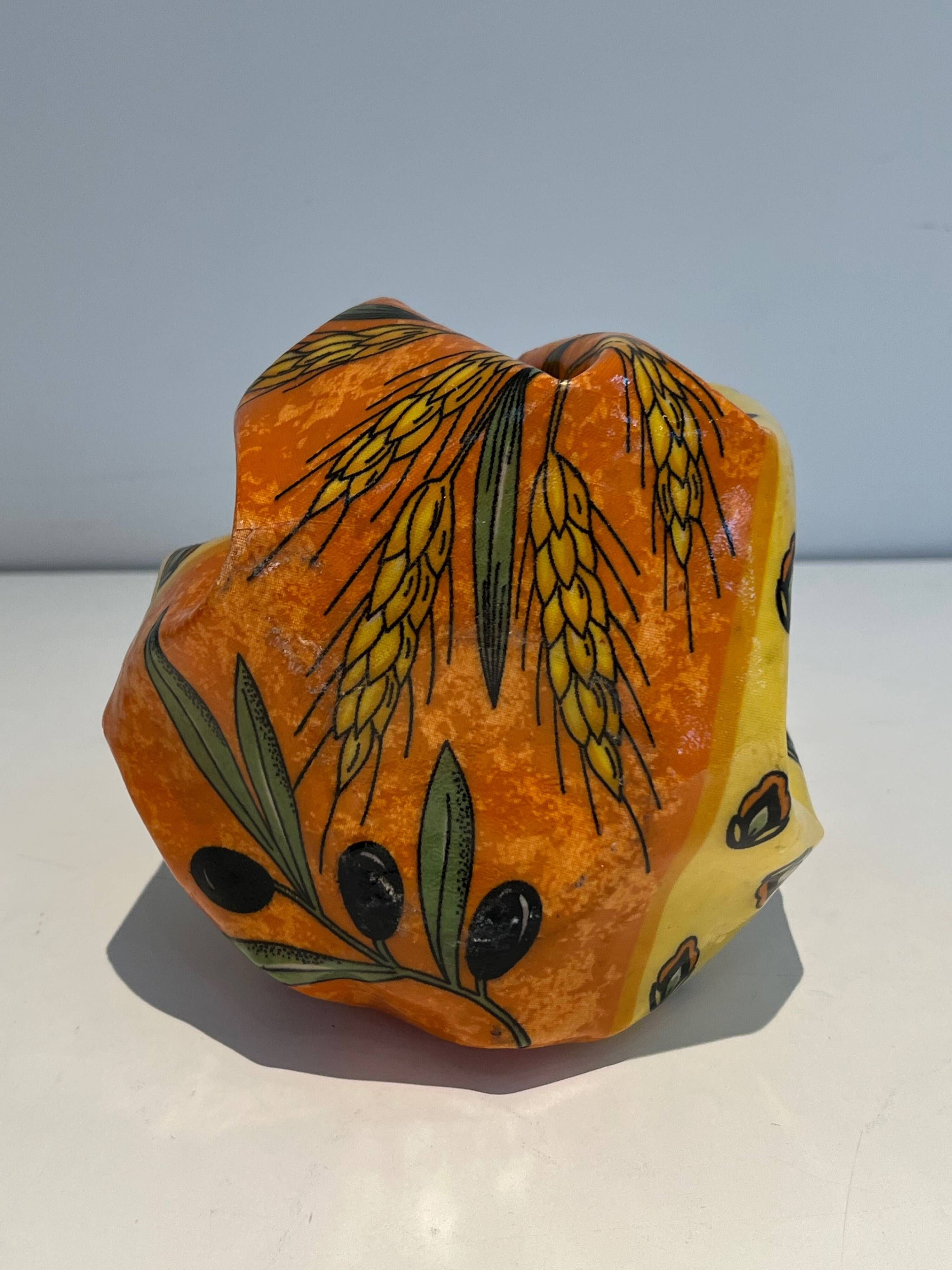Trompe-l'Œil Ceramic Vase in the Shape of a Knotted Bag with Floral Decoration. Work