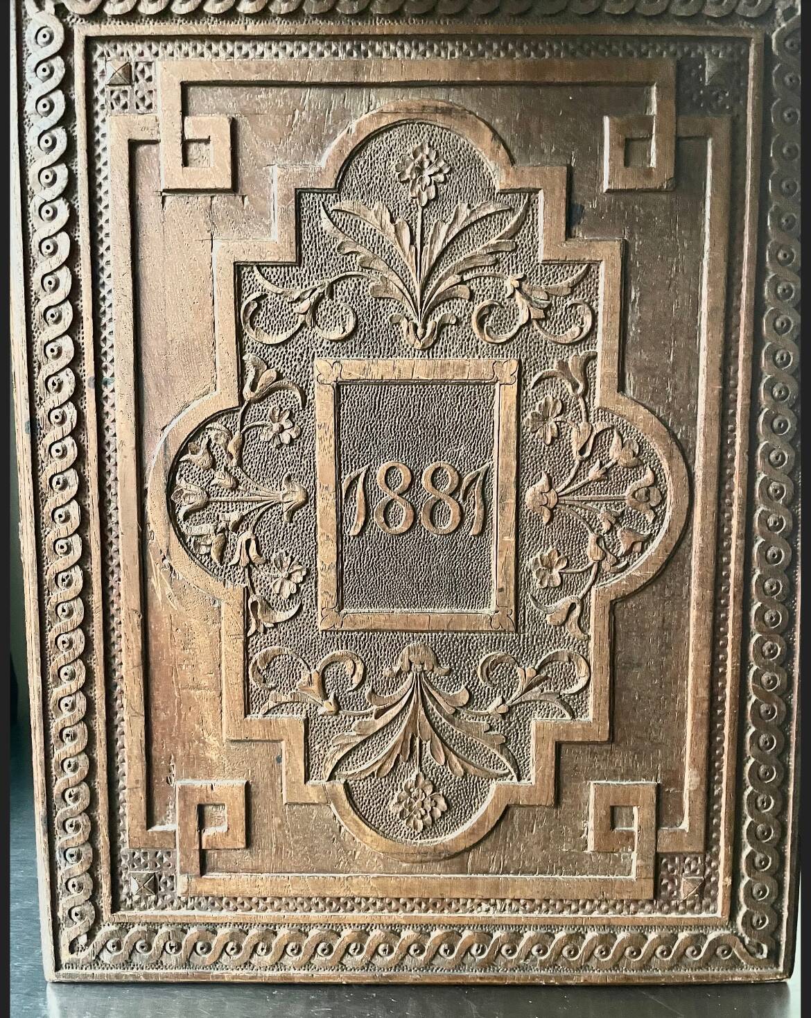 Antique  1881 Carved on solid wood Panel  Relief