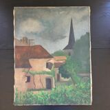 Old painting the village house and its garden
