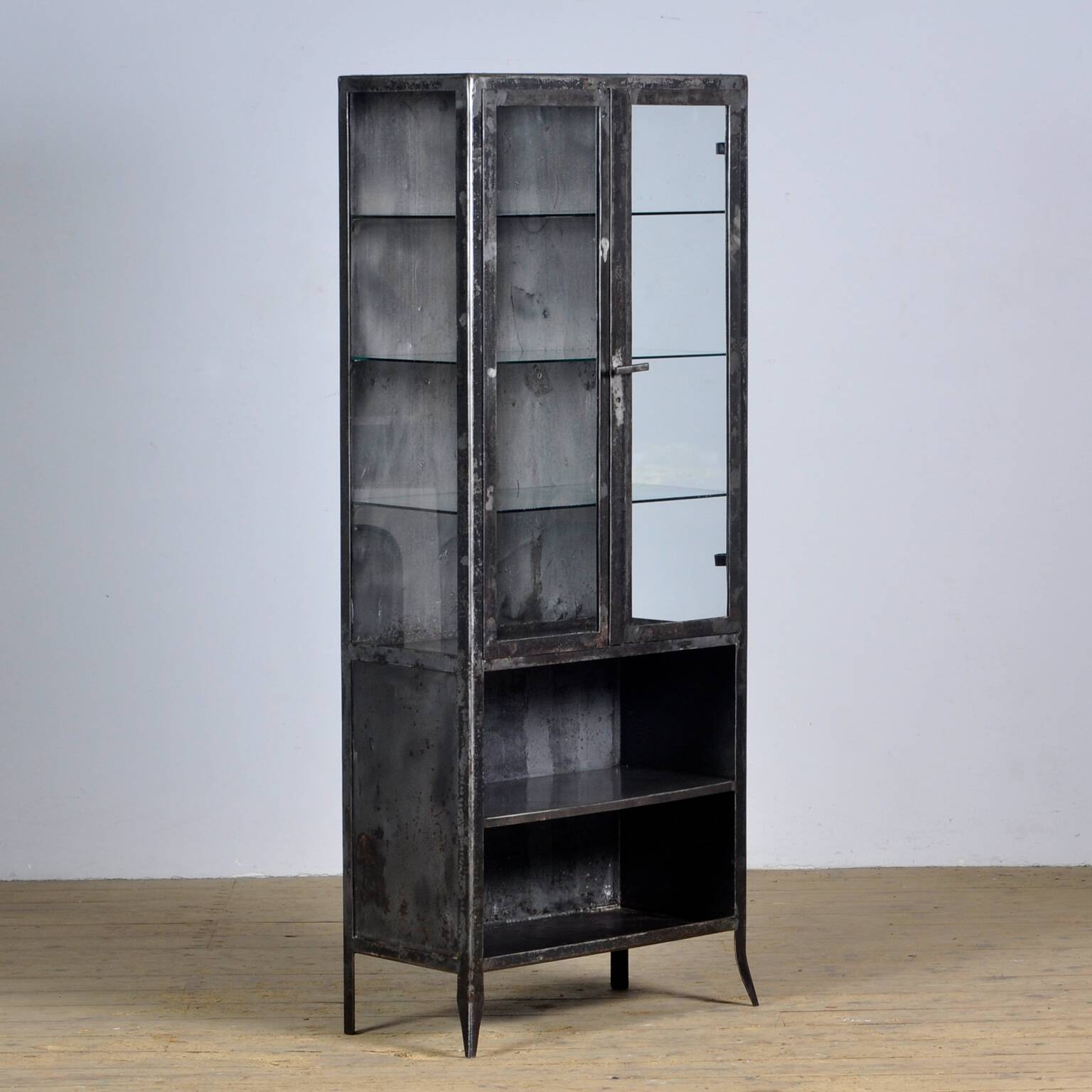 Vintage Glass & Iron Medical Cabinet, 1950s