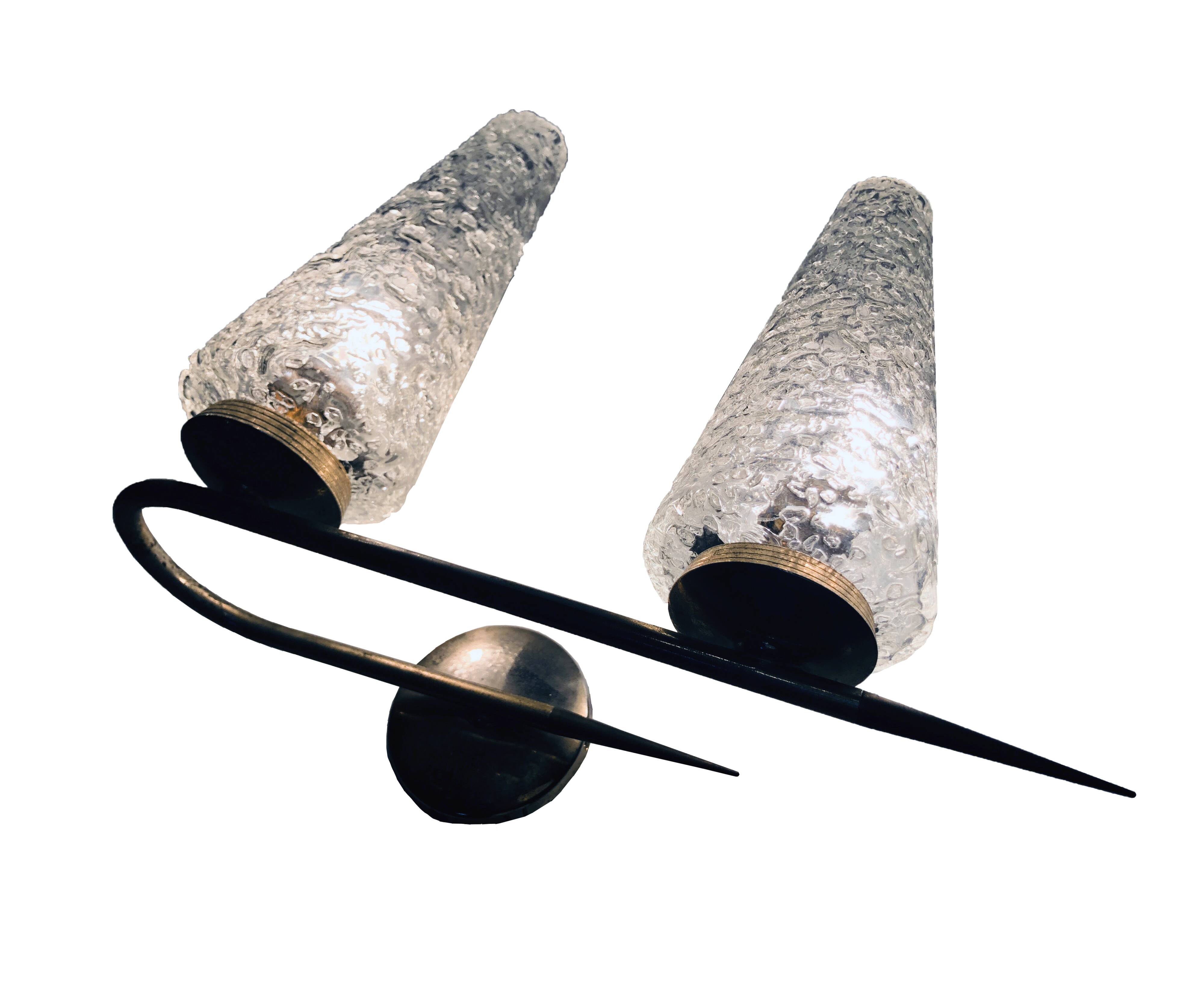 Vintage double wall light • steel, brass & glass • 1950