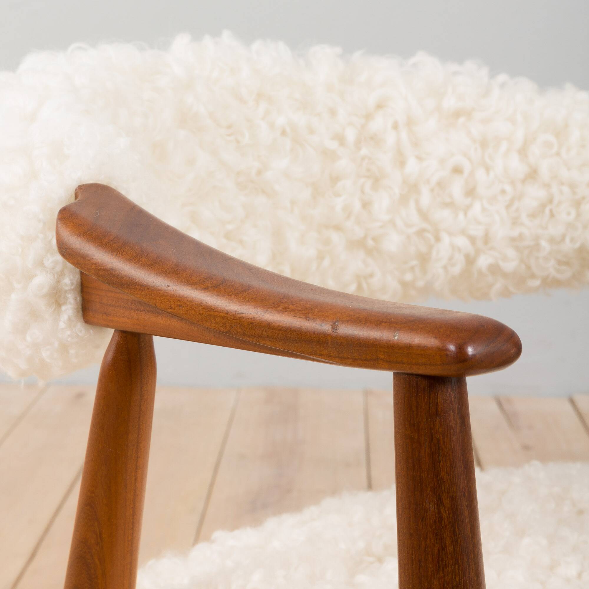Th. Herlev, Farstrup solid teak chair in natural sheepskin upholstery, Denm