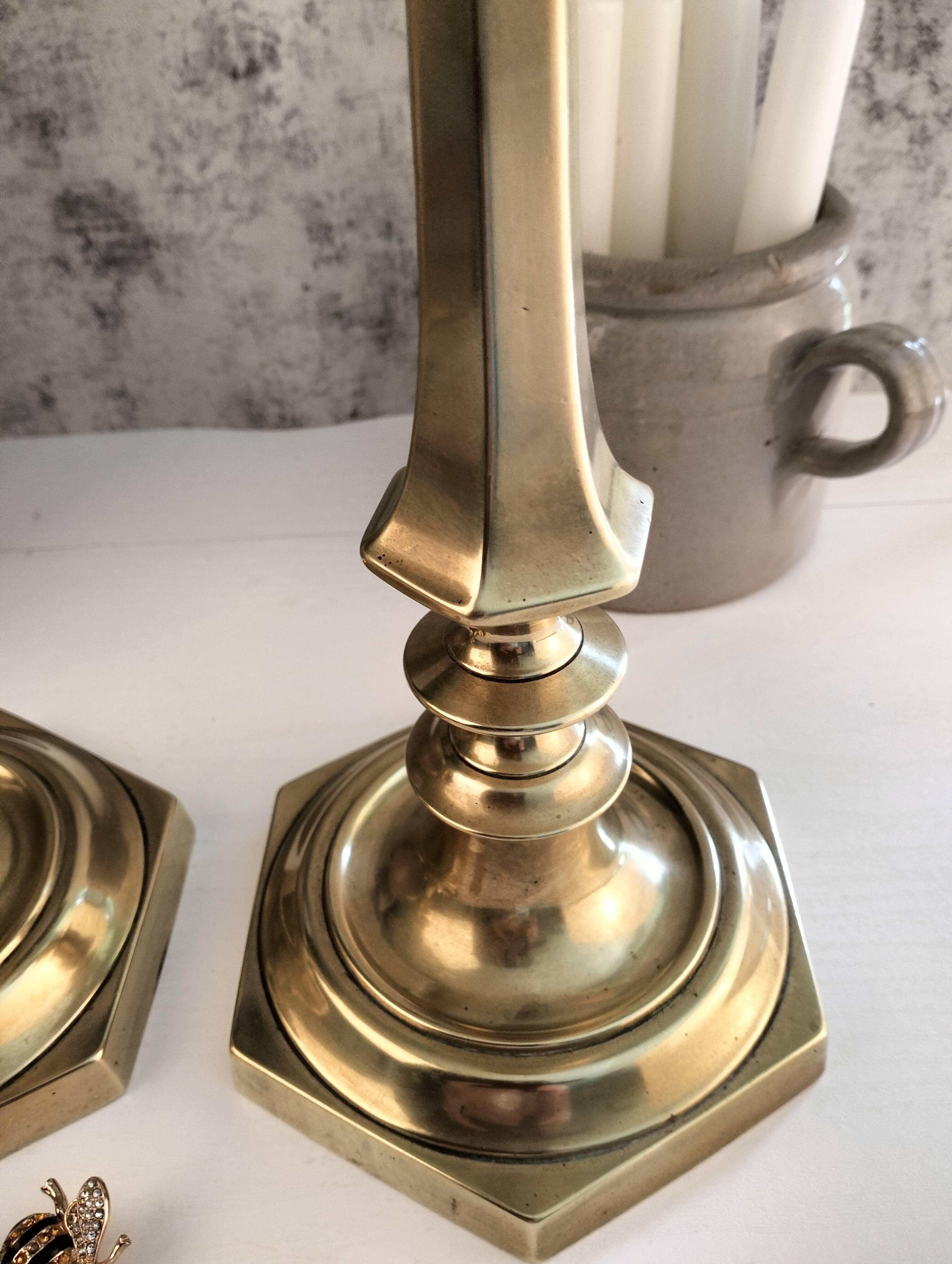 Charming Pair of Victorian Brass Candlesticks with Octagonal Bases - Matching Antique Candle Holders