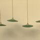 Vintage industrial enameled sheet metal pendant lights with golden wires, old green and white lampshade