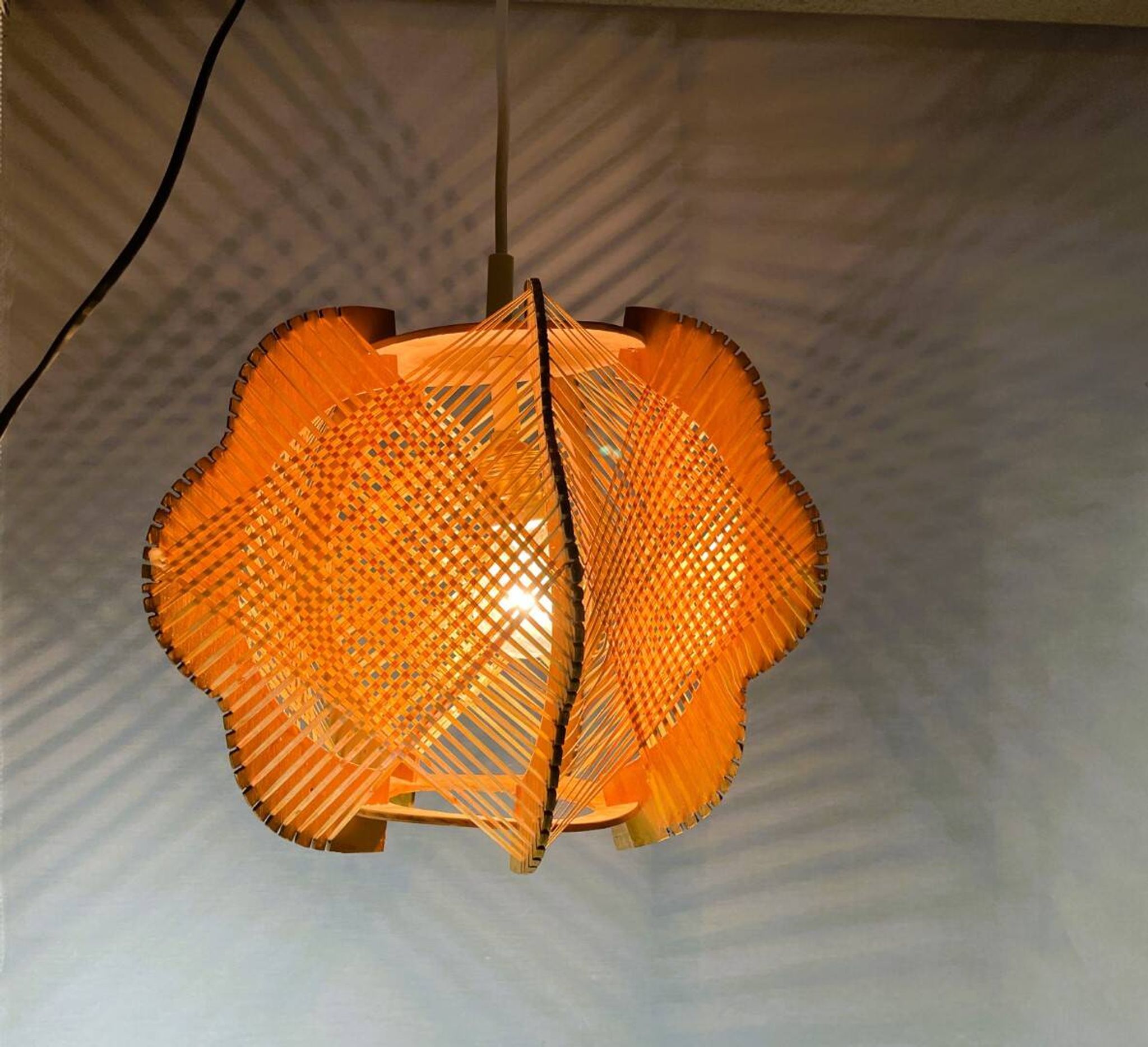 Portuguese mid century wood and straw wooden pendant lamp, 1960s