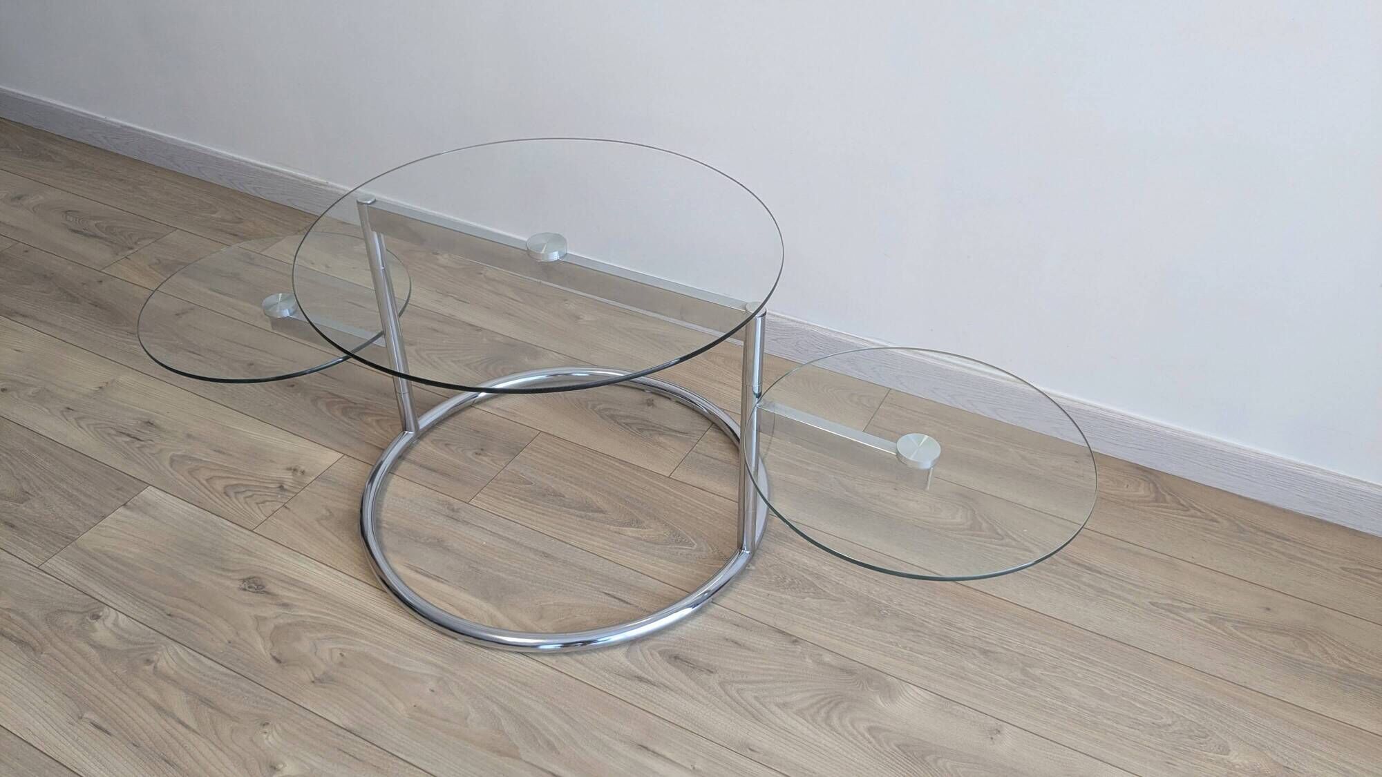 Vintage swivel coffee table with 3 glass and chrome trays – 1980s