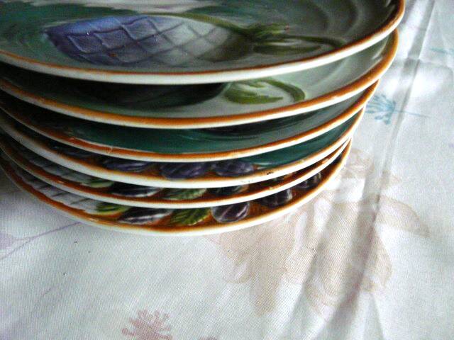6 Antique plates in Saint Amand slip, ironstone, asparagus