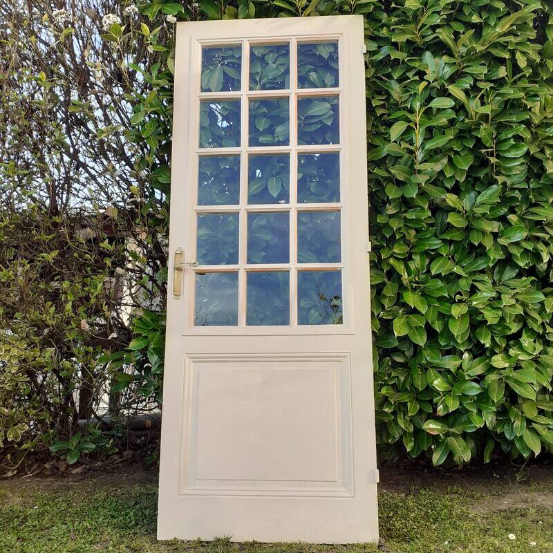 Porte ancienne de communication vitrée moulurée 218,5x83 15 petits carreaux