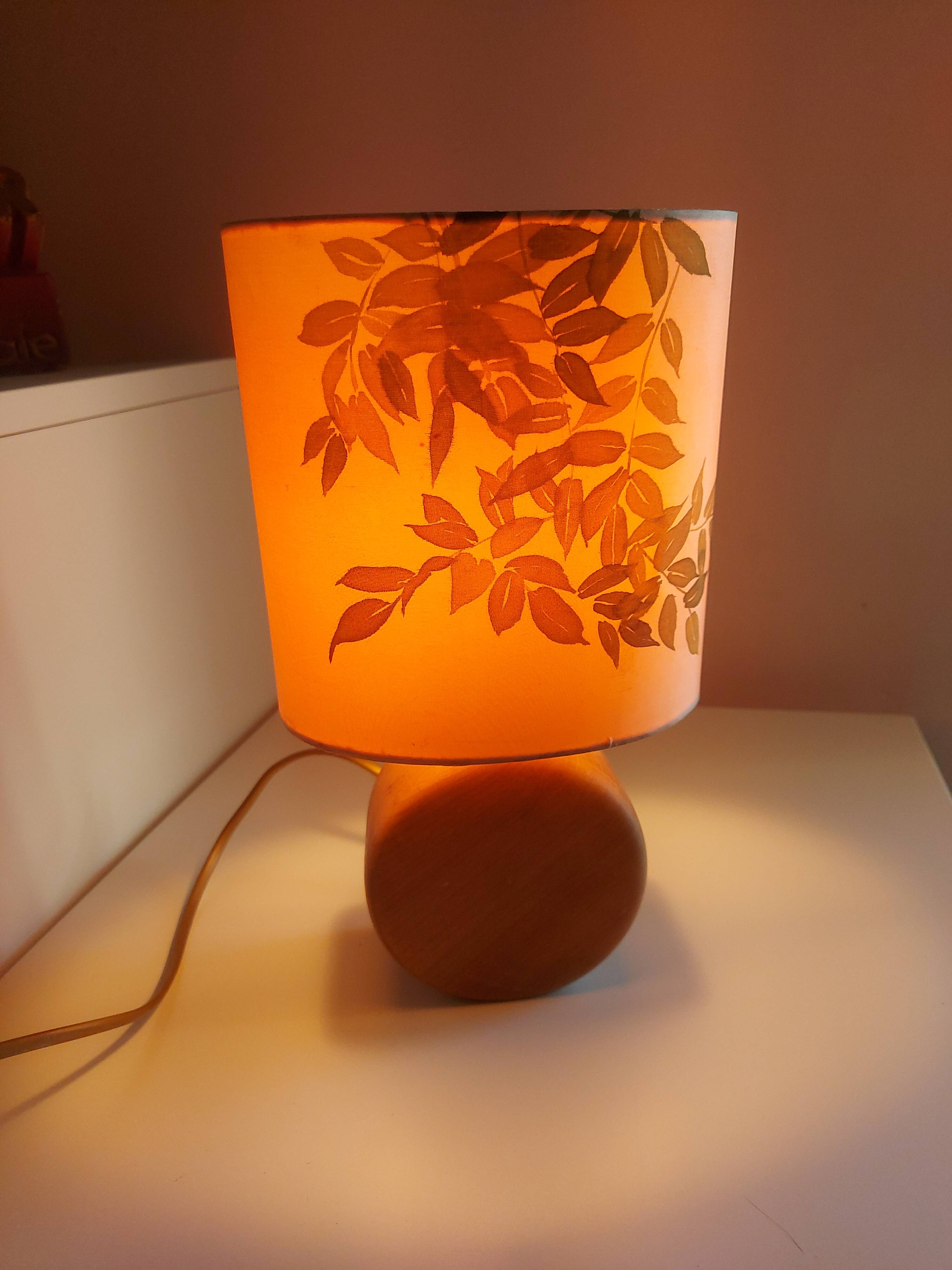 Wooden lamp with silk lampshade, hand painted, signed
