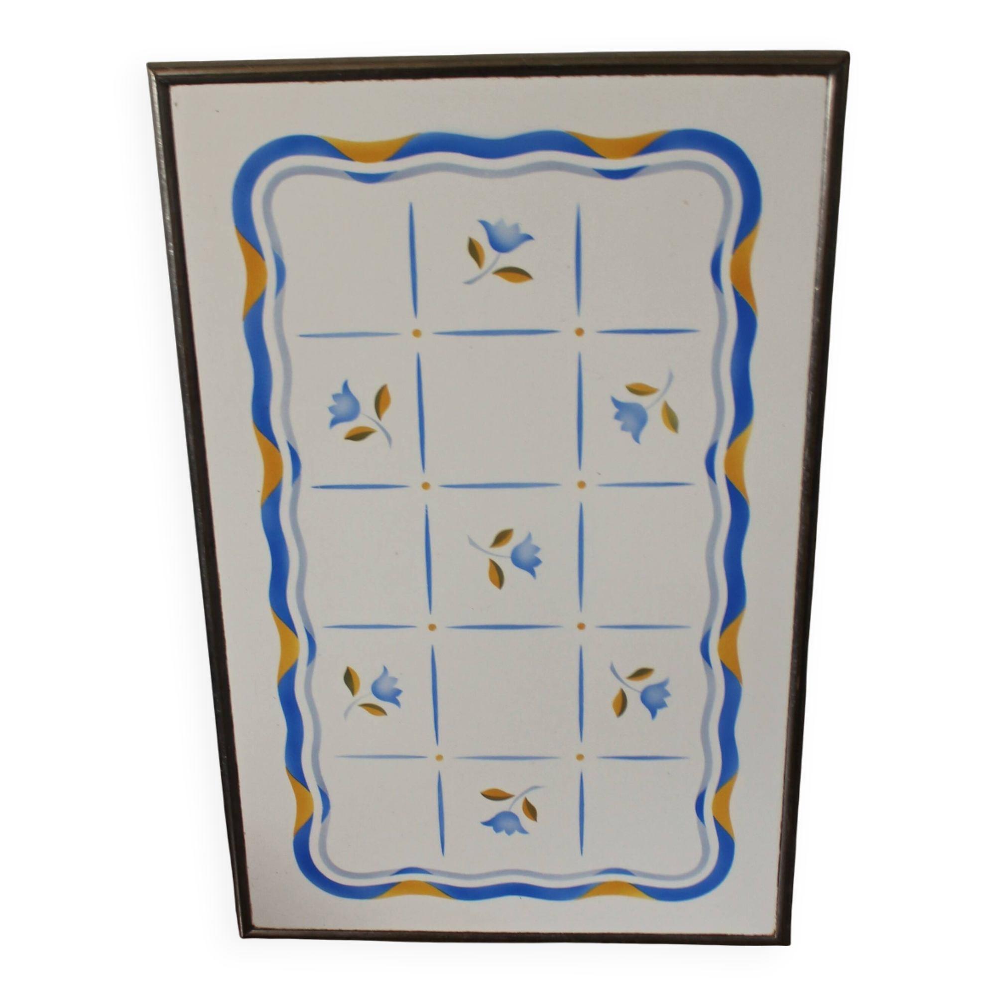 Art Deco yellow and blue tulip metal earthenware tray