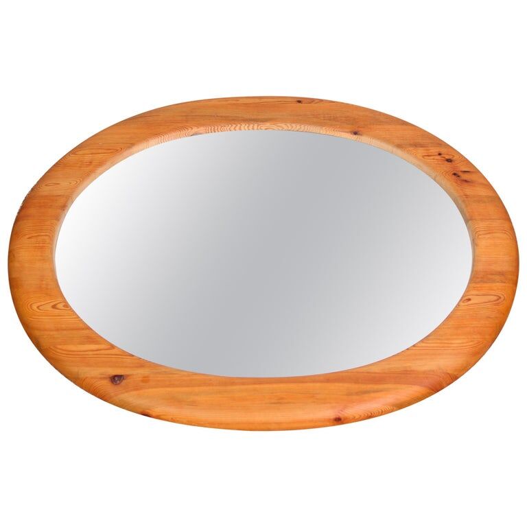 Mid-century oval mirror in solid pine Sweden 1960s 120x95cm
