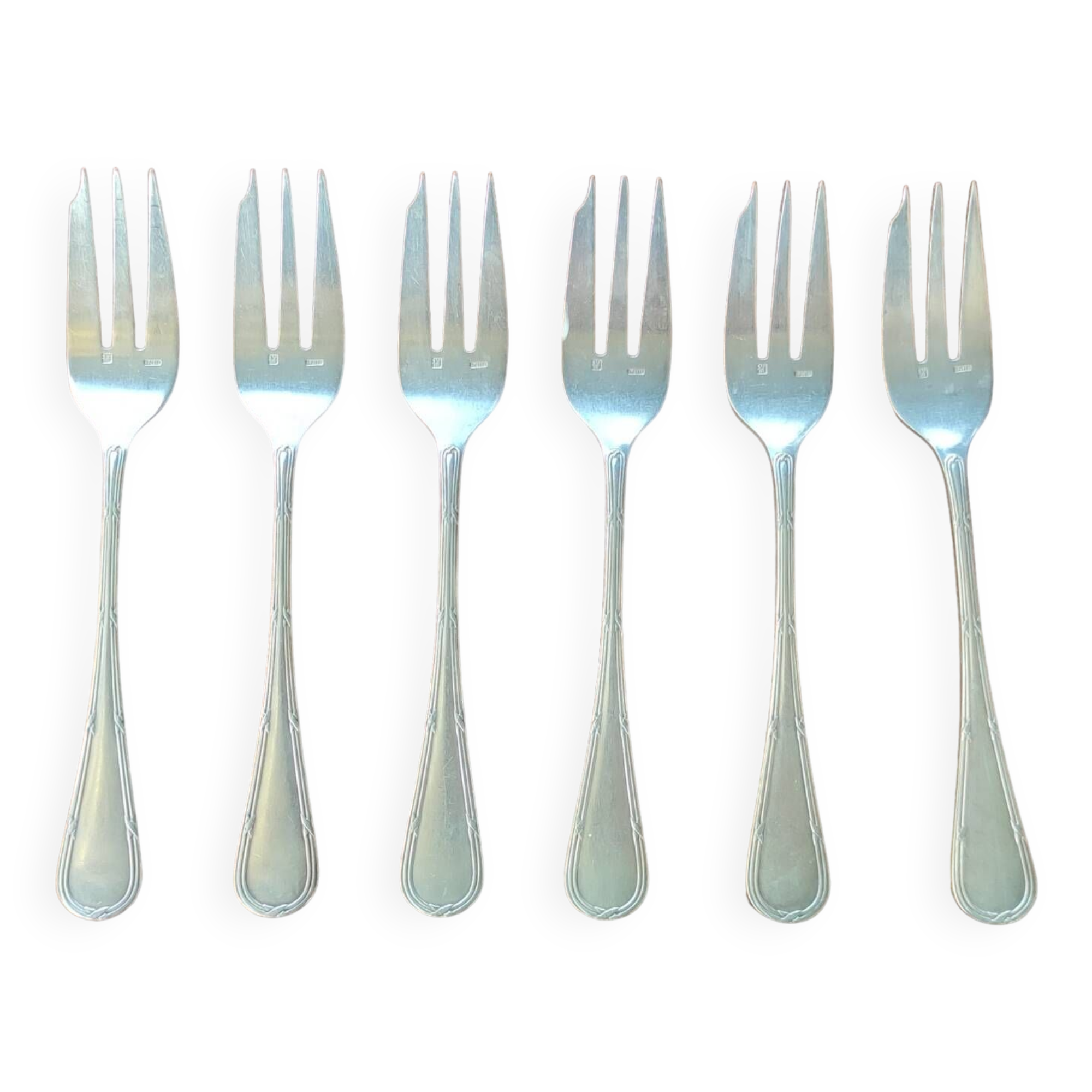 6 old silver-plated oyster cutlery forks Apollo goldsmith's shop