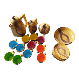 Grandjean-Jourdan Vallauris coffee service imitation wood and bright colors