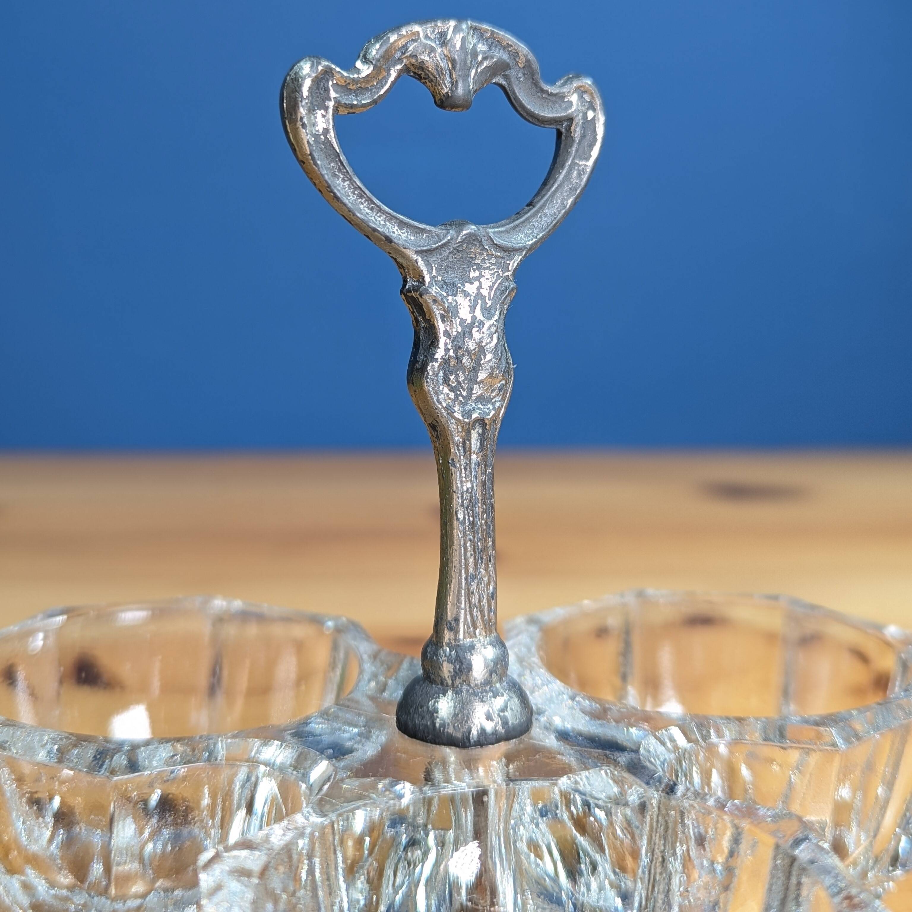 Old Crystal and Silver Metal Salt Cellar Condiments Salt Pepper