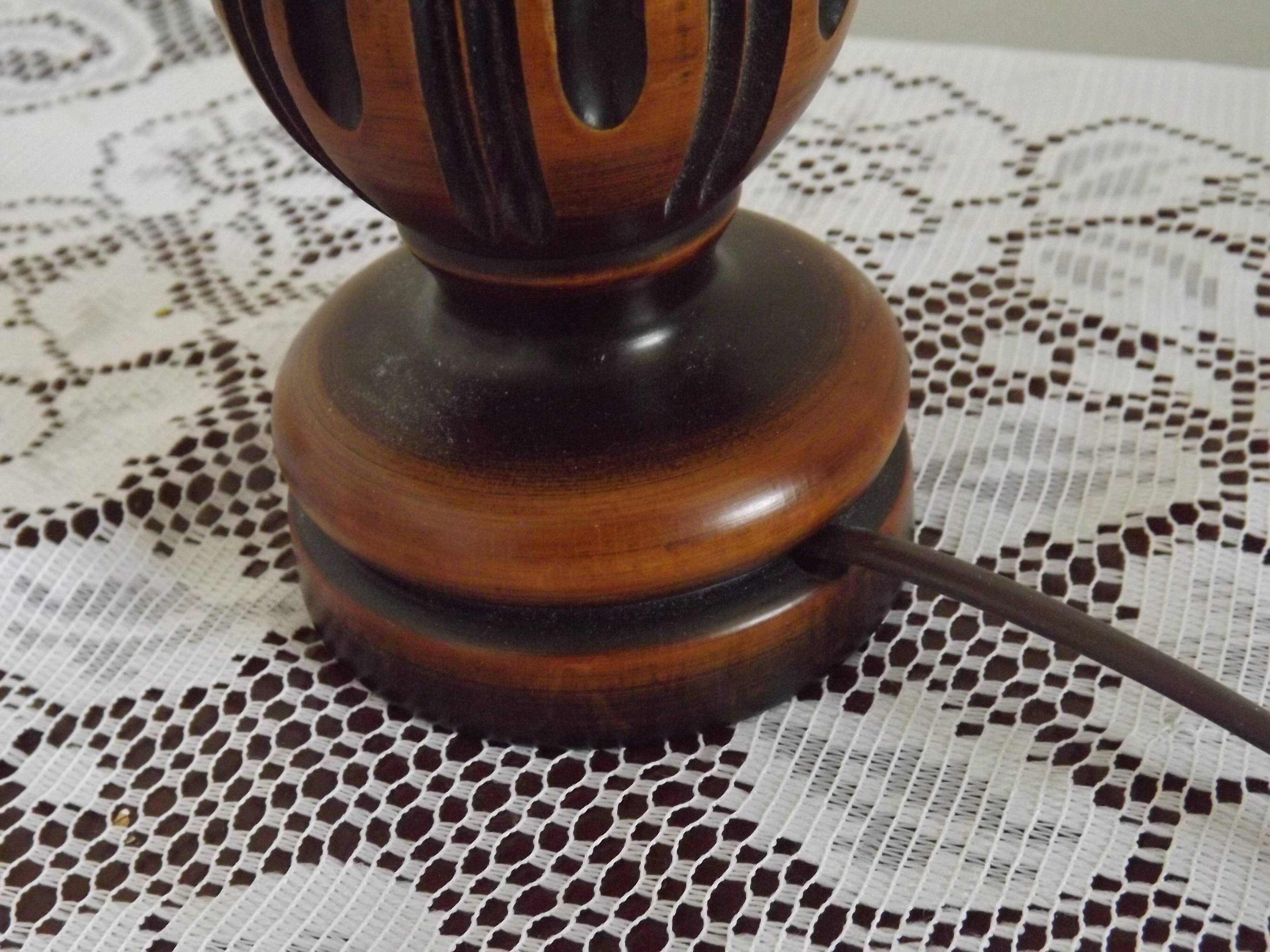 French Mid Century Round Turned Wood Grooved Table Lamp Hide Skin Shade