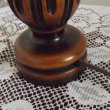 French Mid Century Round Turned Wood Grooved Table Lamp Hide Skin Shade