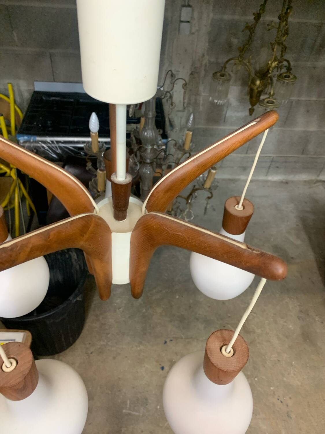 Teak and opaline Rispal chandelier, circa 1960.