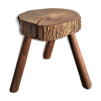 Tabouret tripode art populaire français bois massif vintage