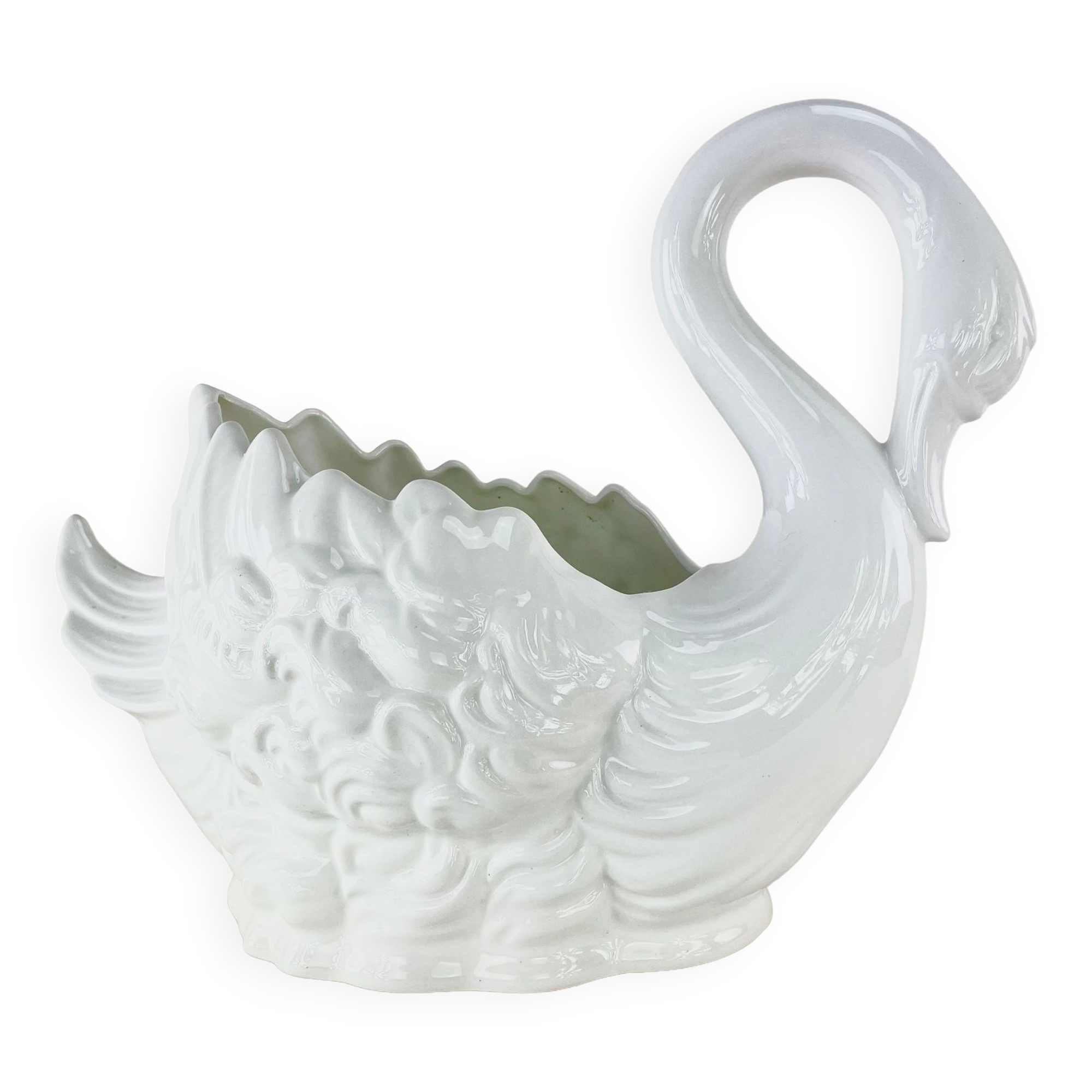 Ceramic pot cover in the shape of a swan, circa 1970