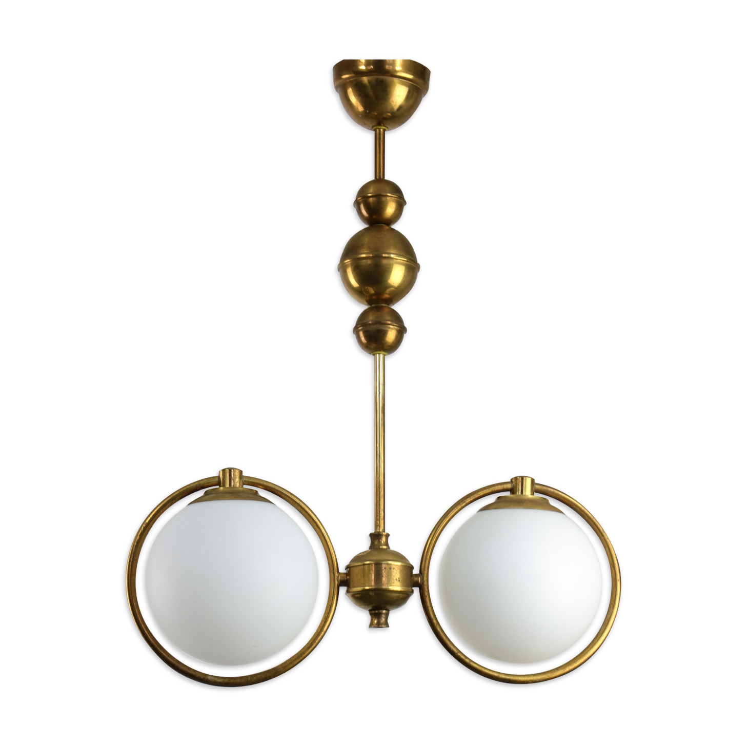 Mid-Century Brass & Opaline Glass Chandelier