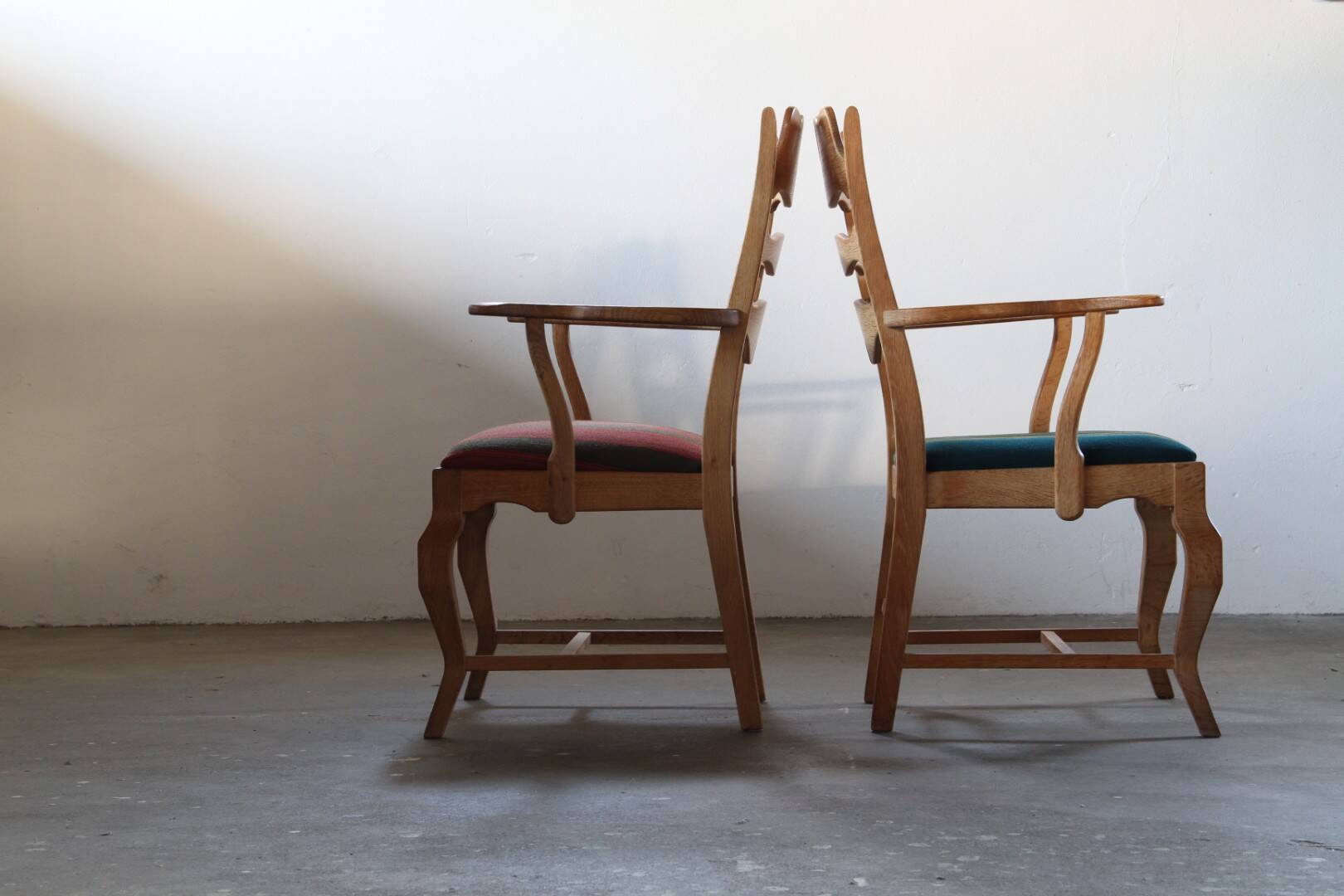 Vintage Brutalist Oak Razorblade Red Striped Armchair by H. Kjærnulf, 1960s