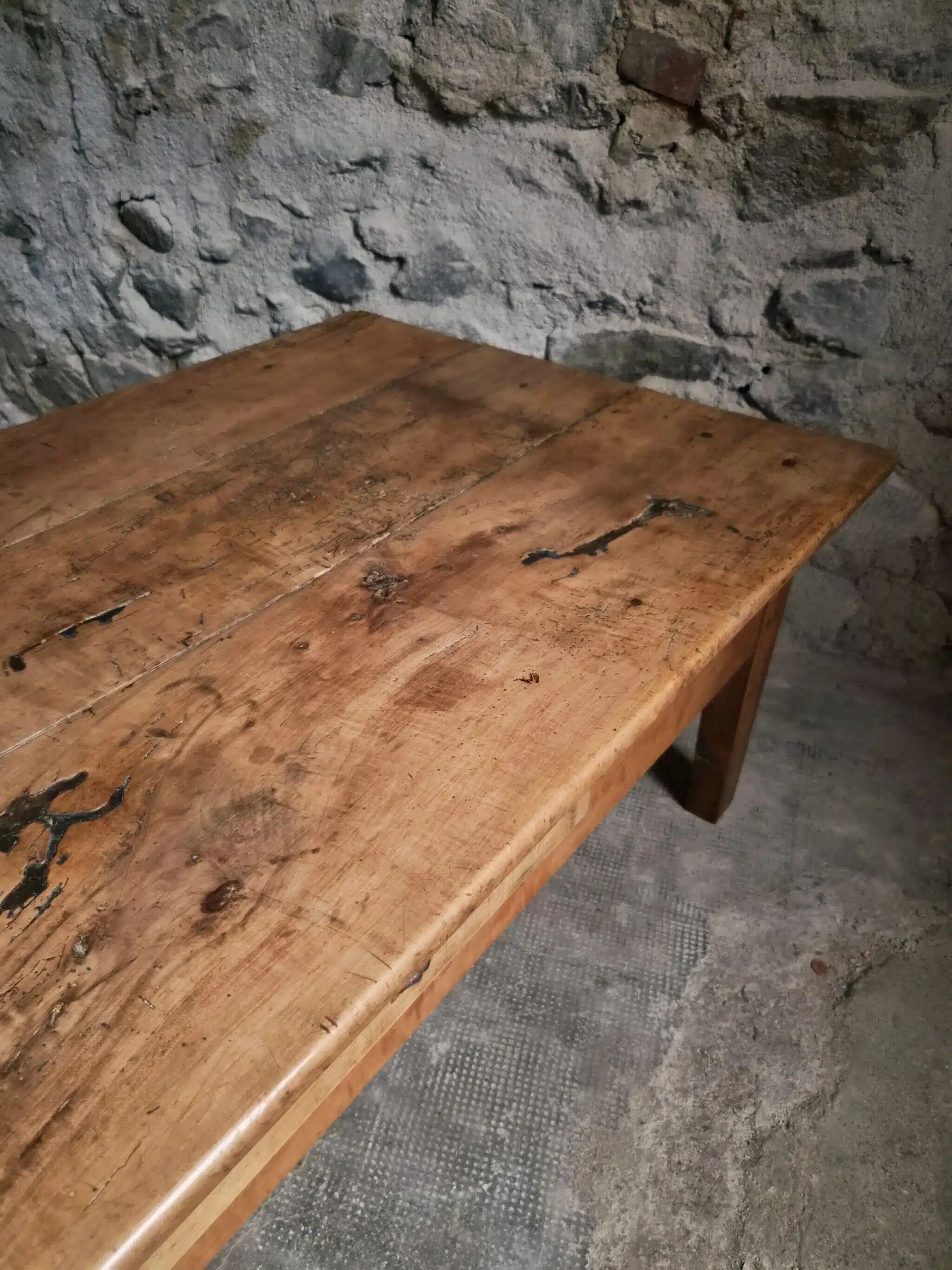 Antique cherry coffee table, rustic farmhouse table with drawer, circa 1750–1800.