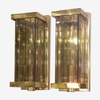 Pair of wall lamps brass and smoked glass edited by wkr leuchten 1970