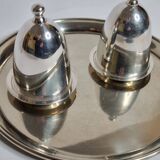 Two egg cups under a silver metal bell with “Gombault” presentation tray, 28 cm