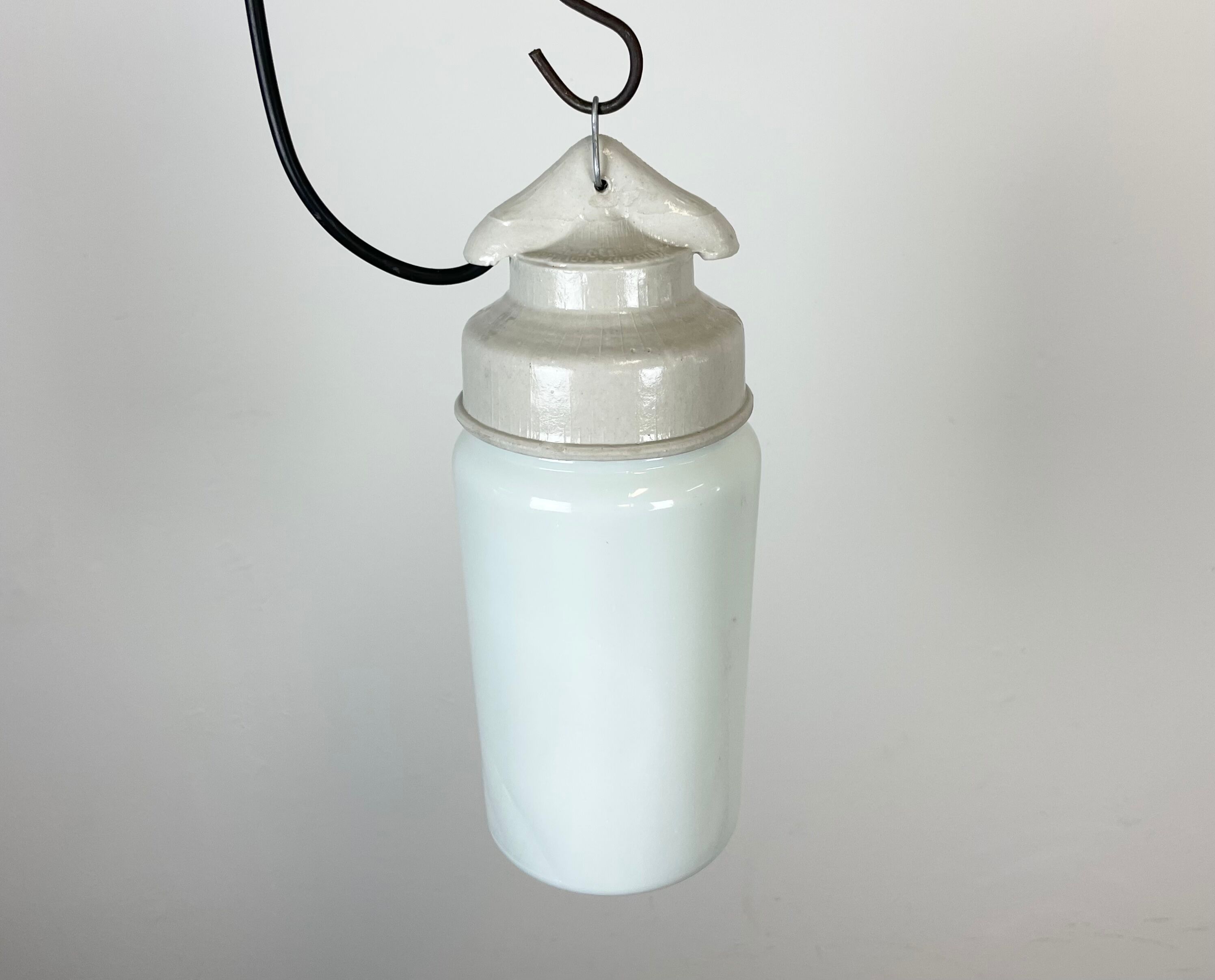 Industrial White Porcelain Pendant Light with Milk Glass, 1970s