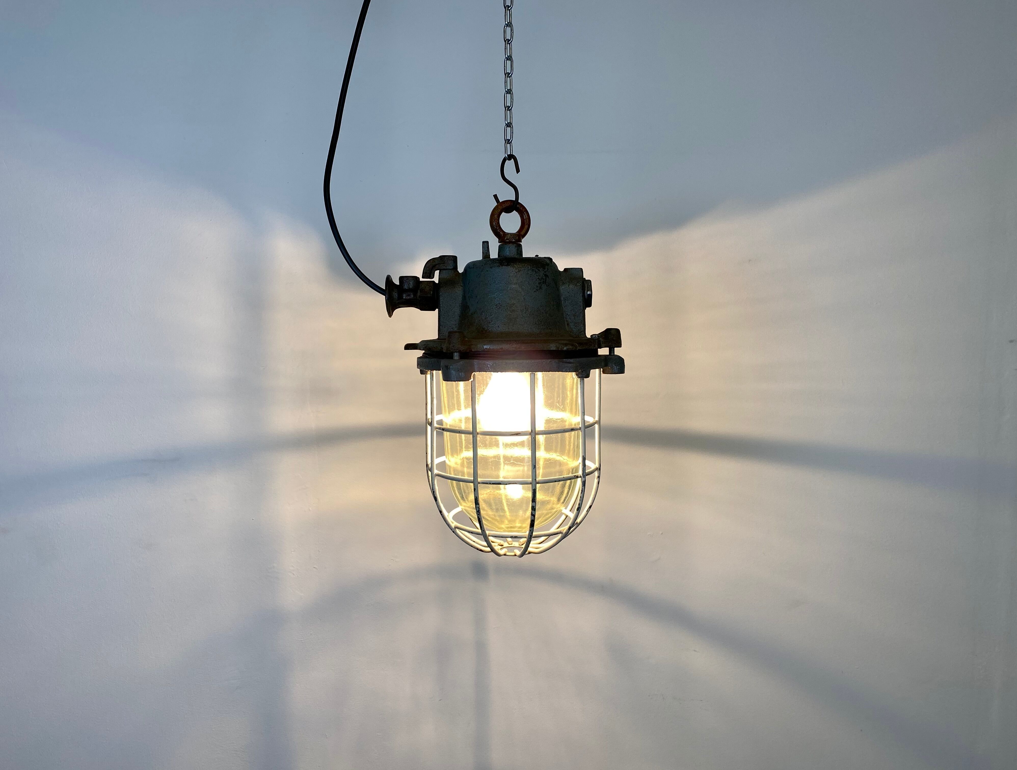 Grey cast iron industrial cage pendant light, 1970s