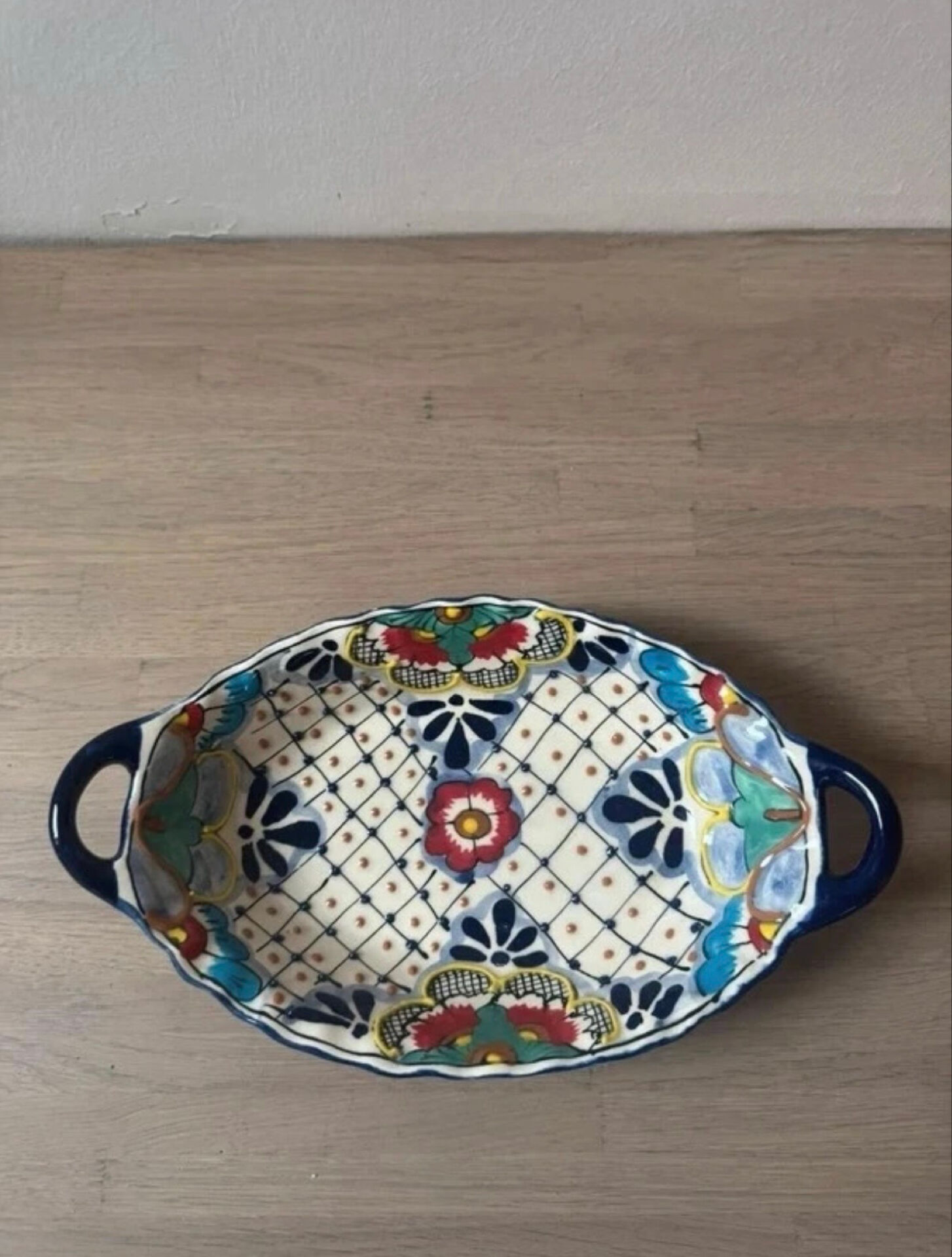 Vintage hand-painted Talavera Mexican ceramic oval plate