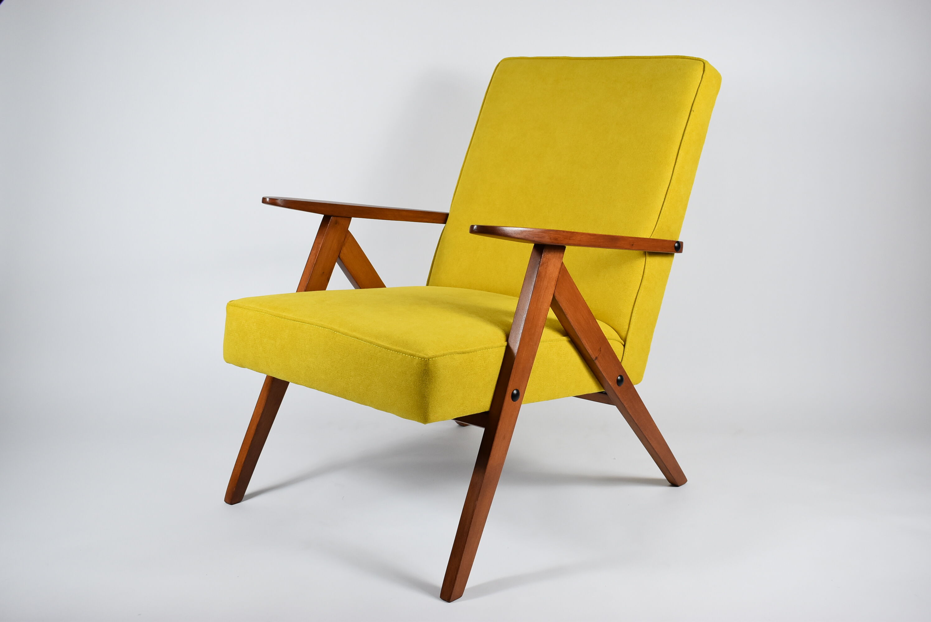 Original vintage - canary yellow - armchair "Compas", renovated, 1960s