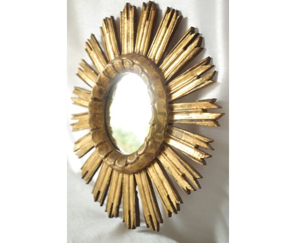 Miroir soleil vintage en bois et résine doré 43 cm