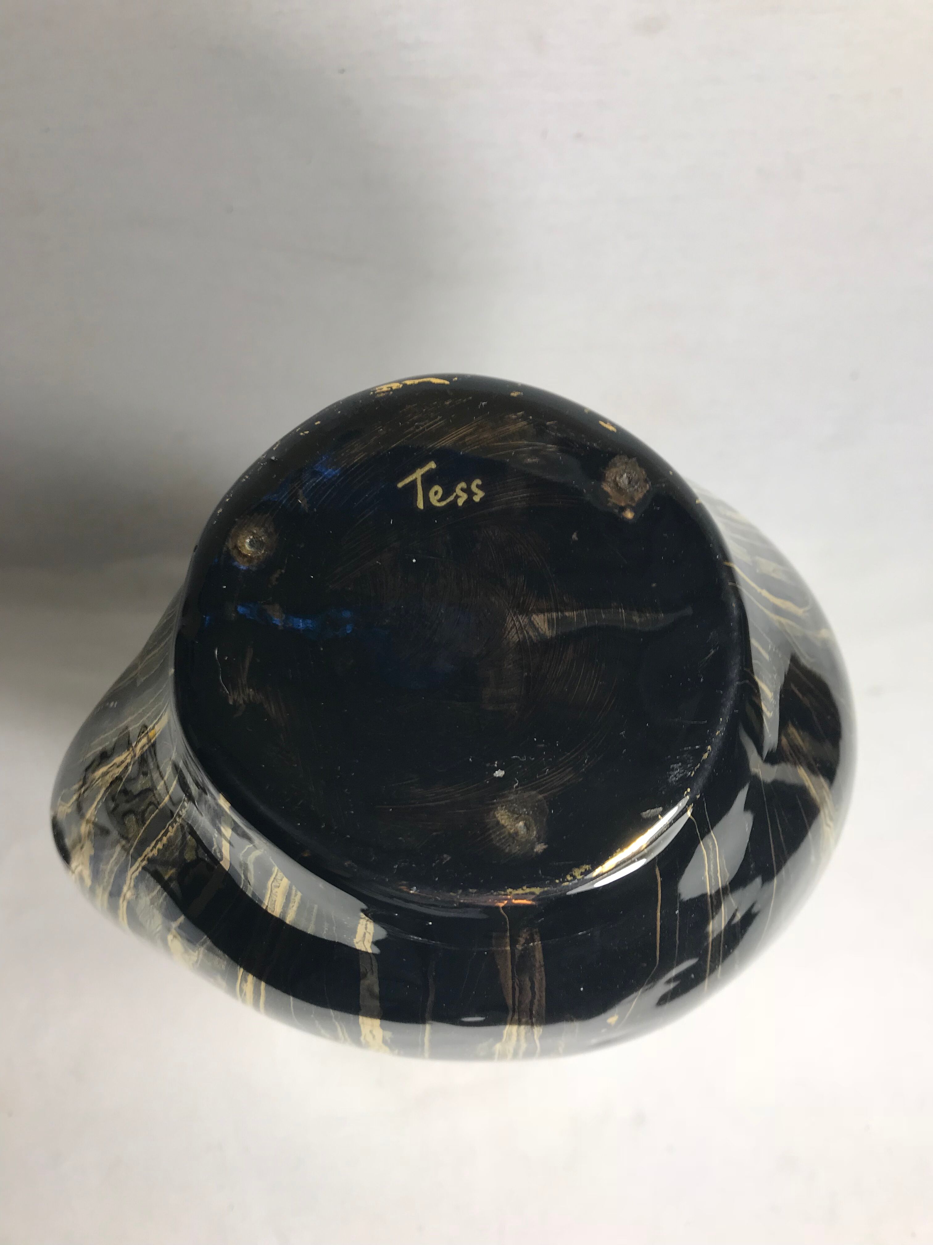 Old glazed ceramic, cove black & gold signed pitcher tess vintage