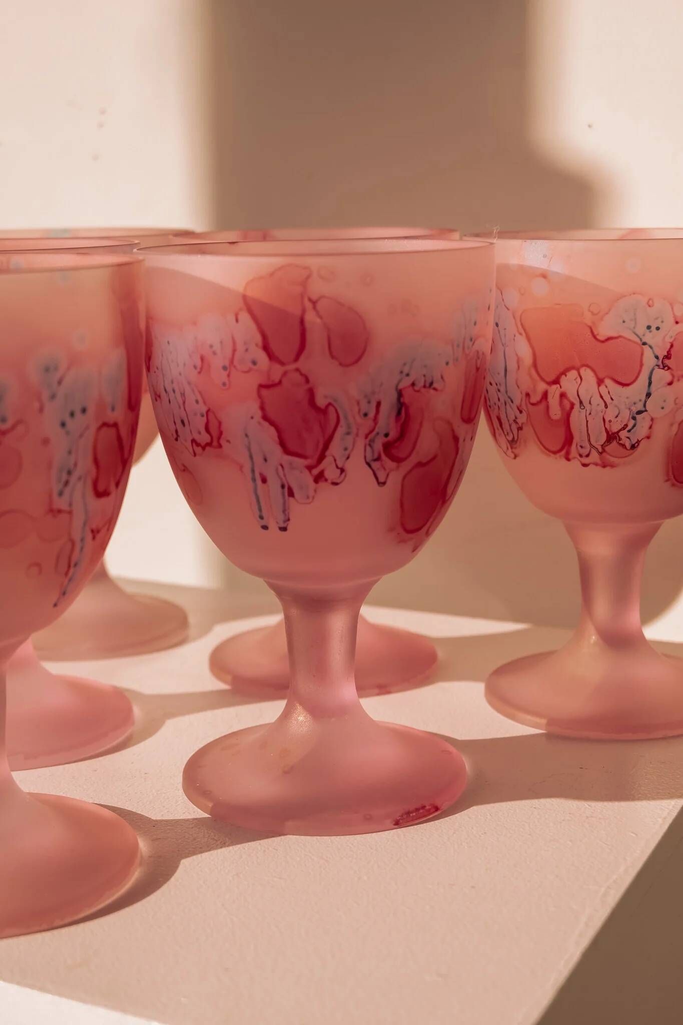 Frosted pink wine glasses hand-painted, set of 6