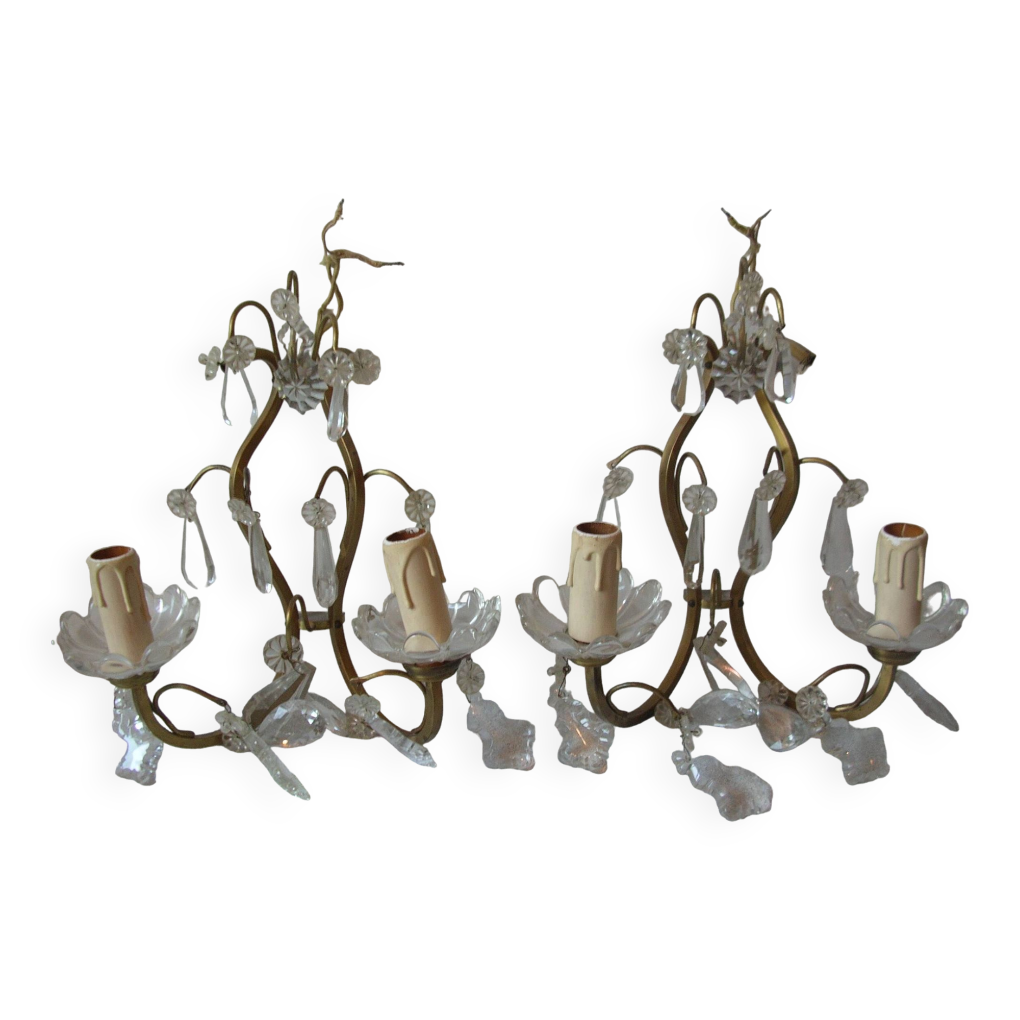 Old pair of double lamp lights with glass and brass pendants, retro decoration