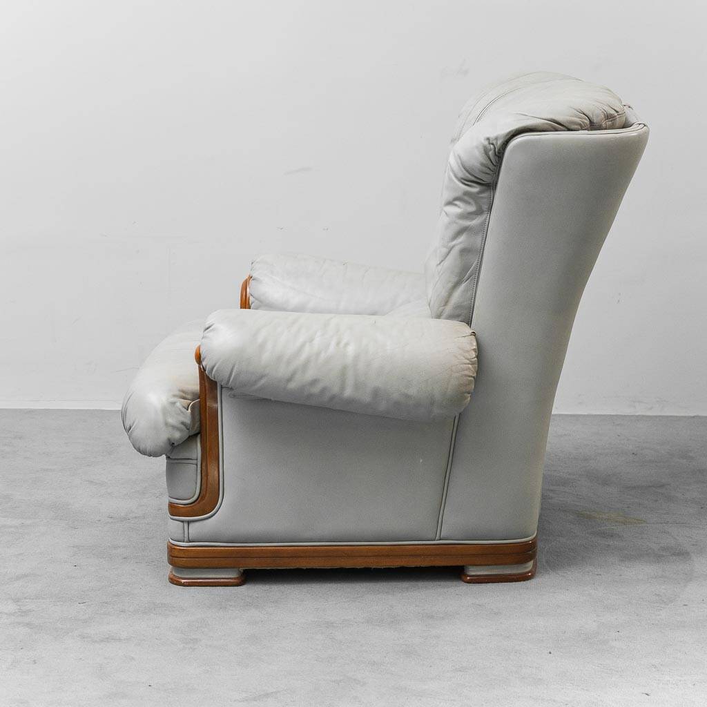 Pair of vintage armchairs in grey leather and wood, 1950s modernism