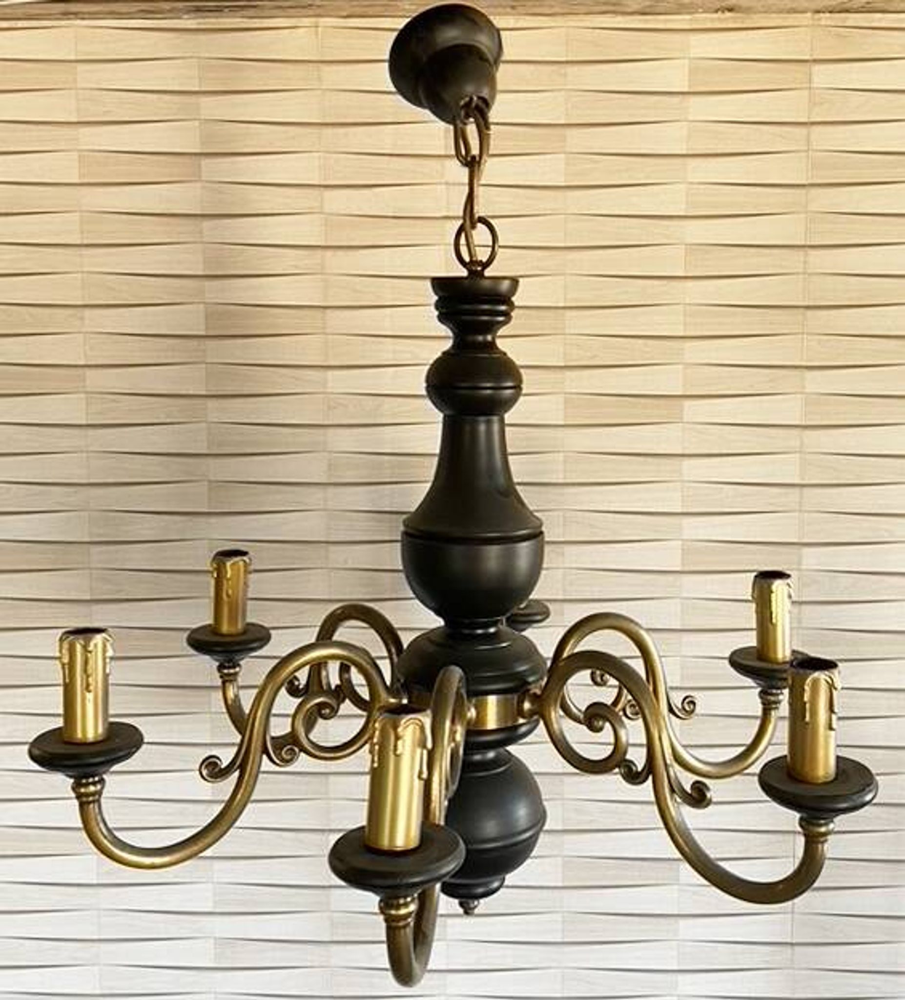 Wood and brass pendant light, black and gold, vintage, 60s.