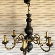 Wood and brass pendant light, black and gold, vintage, 60s.