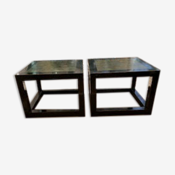 black lacquered square coffee tables with green marbled effect top