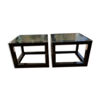 black lacquered square coffee tables with green marbled effect top