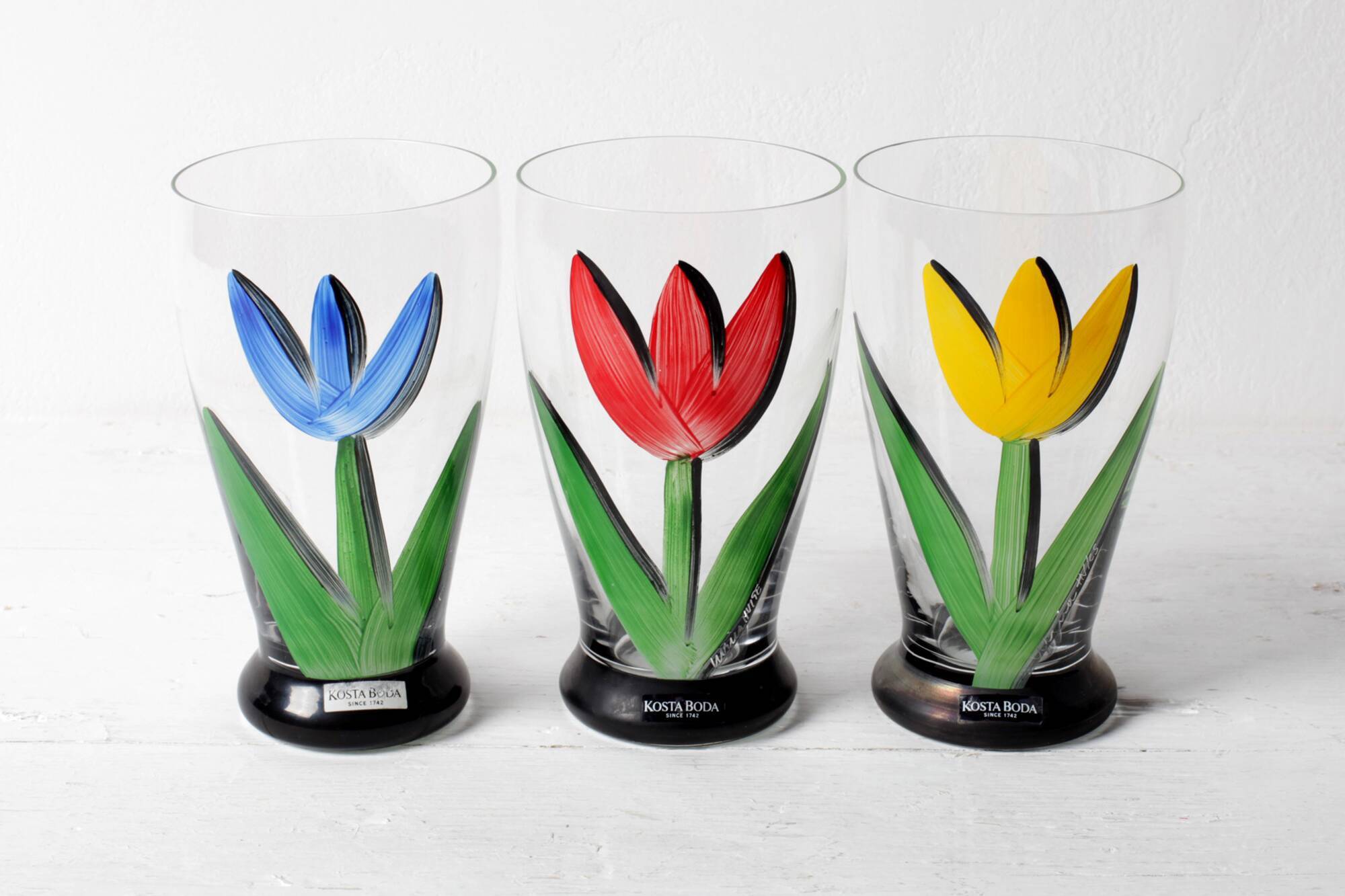 Set of 3 Tulip Crystal Glasses / Red, Yellow, Blue / Ulrica Hydman Vallien